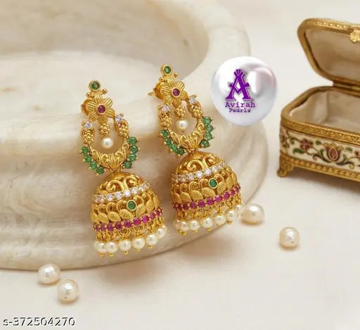 Maha Saving Offer Attractive Trendy Avirah Pearls Antique Gold-Plated Traditional Jhumka Earrings with Ruby & Emerald Stones and White Bead Drops – Temple Jewellery for Women & Brides