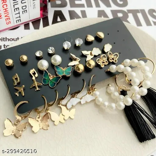 Combo of 17 PAIR  Earrings for Girls and Women Gold Plated Pearl and Stone Studded Alloy Earring Set - 21311