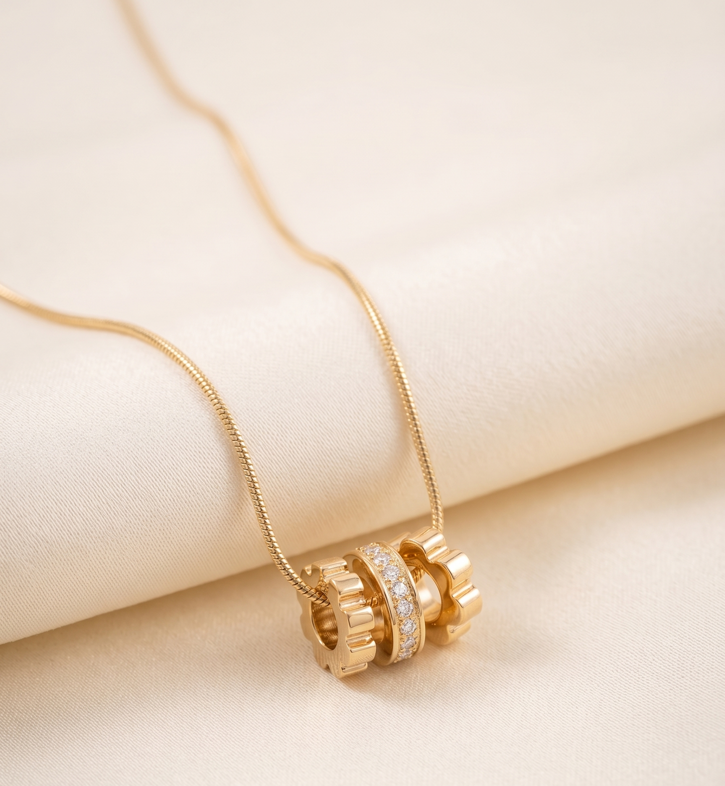 Ornate Interlocking Gear and Pave-Set Barrel Pendant Necklace