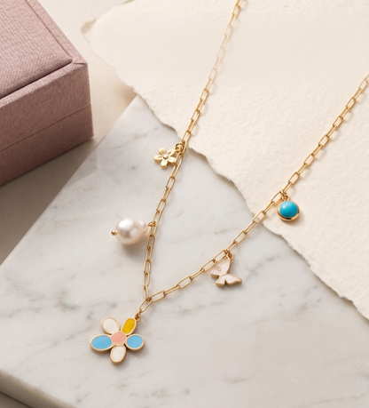 Multicolor Enamel Flower and Pearl Link Chain Necklace