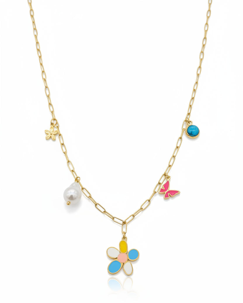 Multicolor Enamel Flower and Pearl Link Chain Necklace