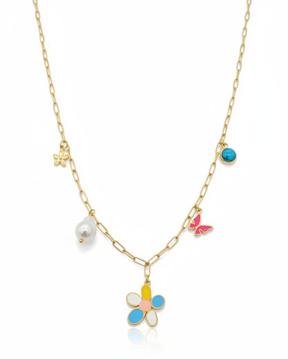 Multicolor Enamel Flower and Pearl Link Chain Necklace