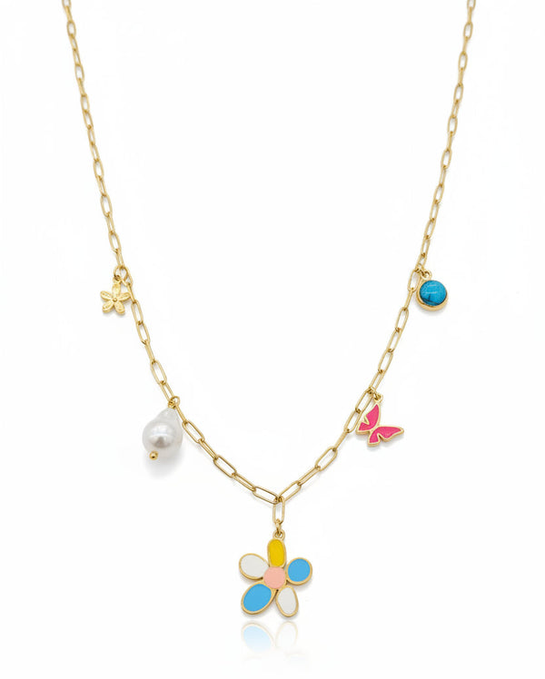 Multicolor Enamel Flower and Pearl Link Chain Necklace