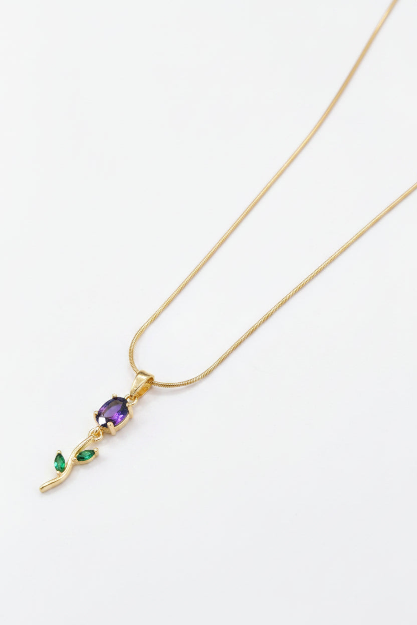 Gold Plated Purple Rose Pendant Necklace with Green Leaf CZ Stones for Women