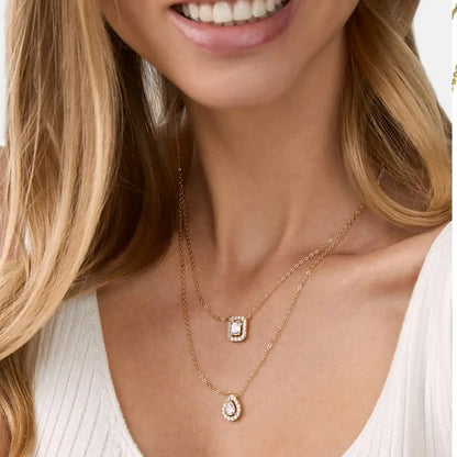 MINUTIAE Double Layered Chain Necklace With Pear Cut And Emerald Cut Diamond Crystals And Adjustable Chain for Women