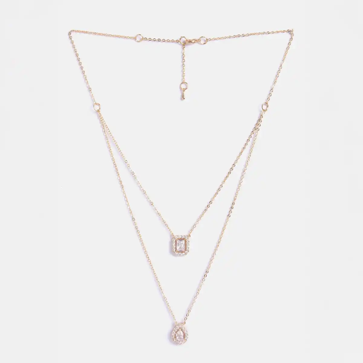 MINUTIAE Double Layered Chain Necklace With Pear Cut And Emerald Cut Diamond Crystals And Adjustable Chain for Women