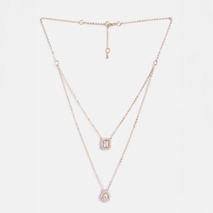 MINUTIAE Double Layered Chain Necklace With Pear Cut And Emerald Cut Diamond Crystals And Adjustable Chain for Women