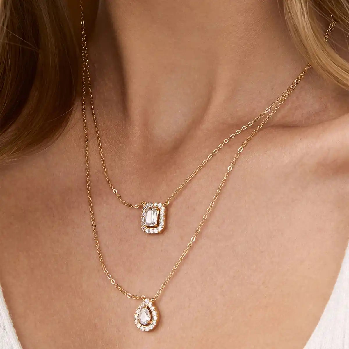 MINUTIAE Double Layered Chain Necklace With Pear Cut And Emerald Cut Diamond Crystals And Adjustable Chain for Women