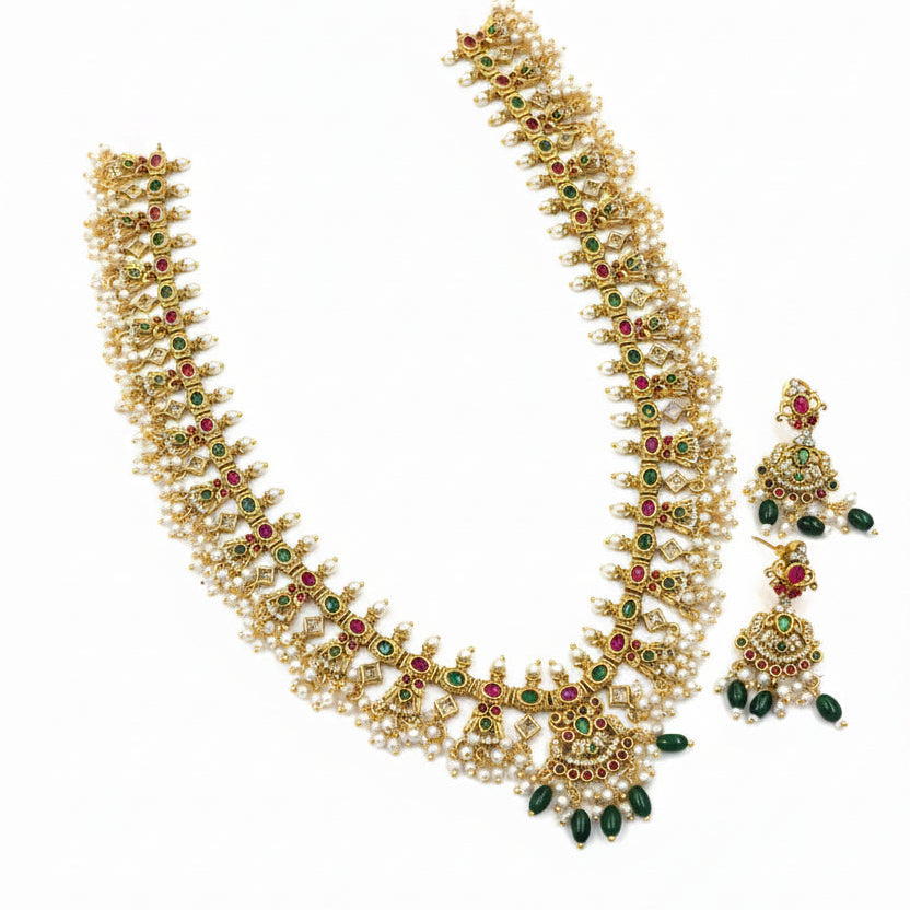 Premium Gold-Plated Brass Long Necklace Set with AD & Emerald Green Stones