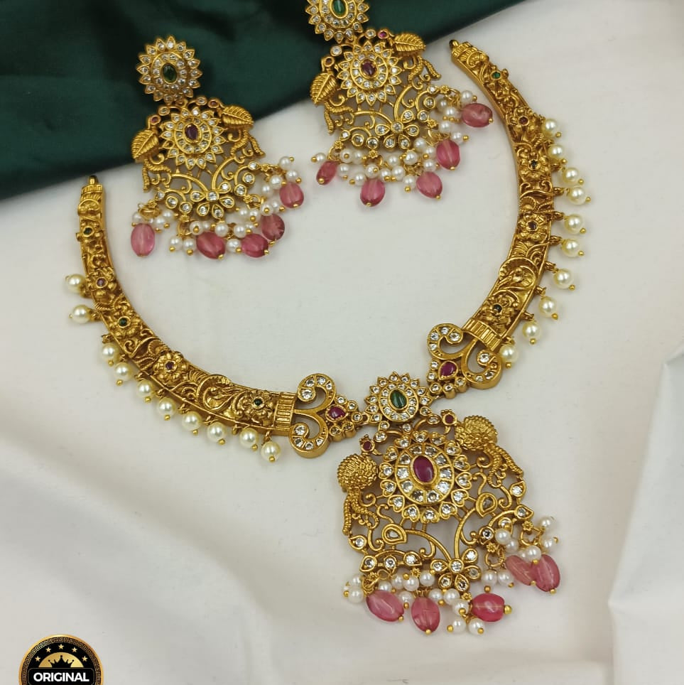 Mint Green Beaded Choker Necklace Set with Gold Accents