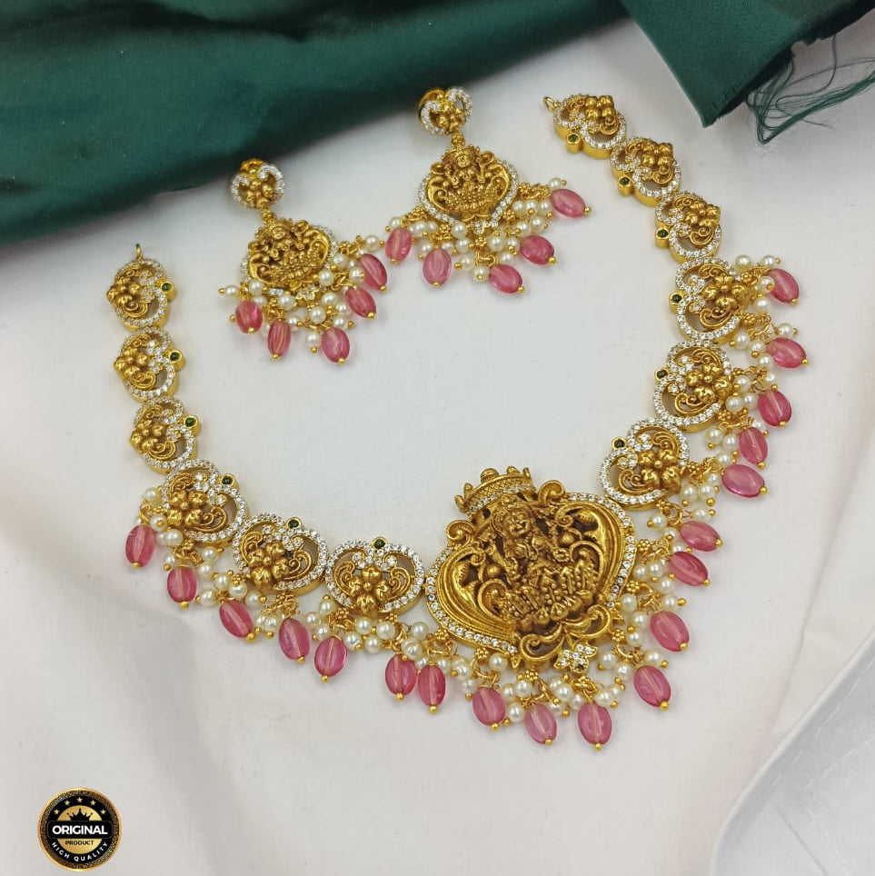 Temple Style Gold-Plated Necklace Set with Emerald Green Accents