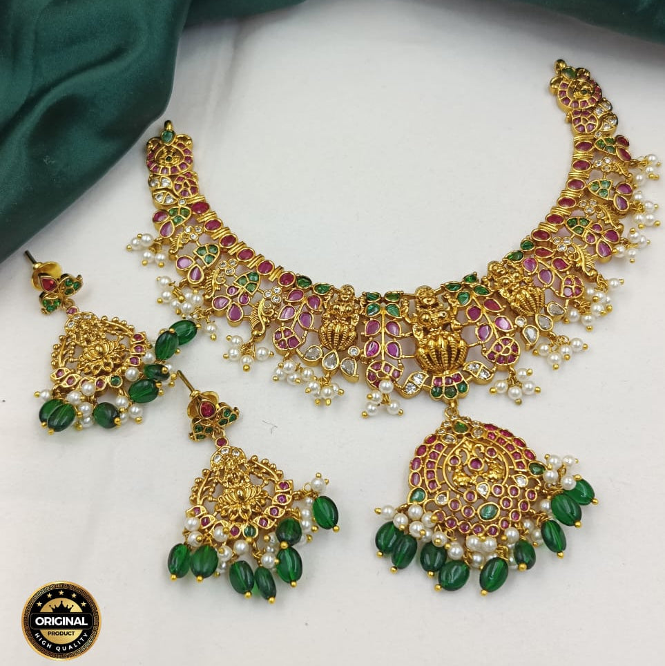 Festive Multi-Stone Gold-Plated Necklace with Ruby and Emerald Accents