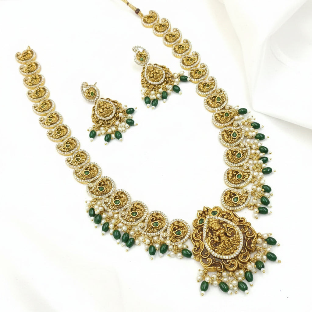 Brass Temple Jewelry Long Necklace Set with Goddess Lakshmi Pearls