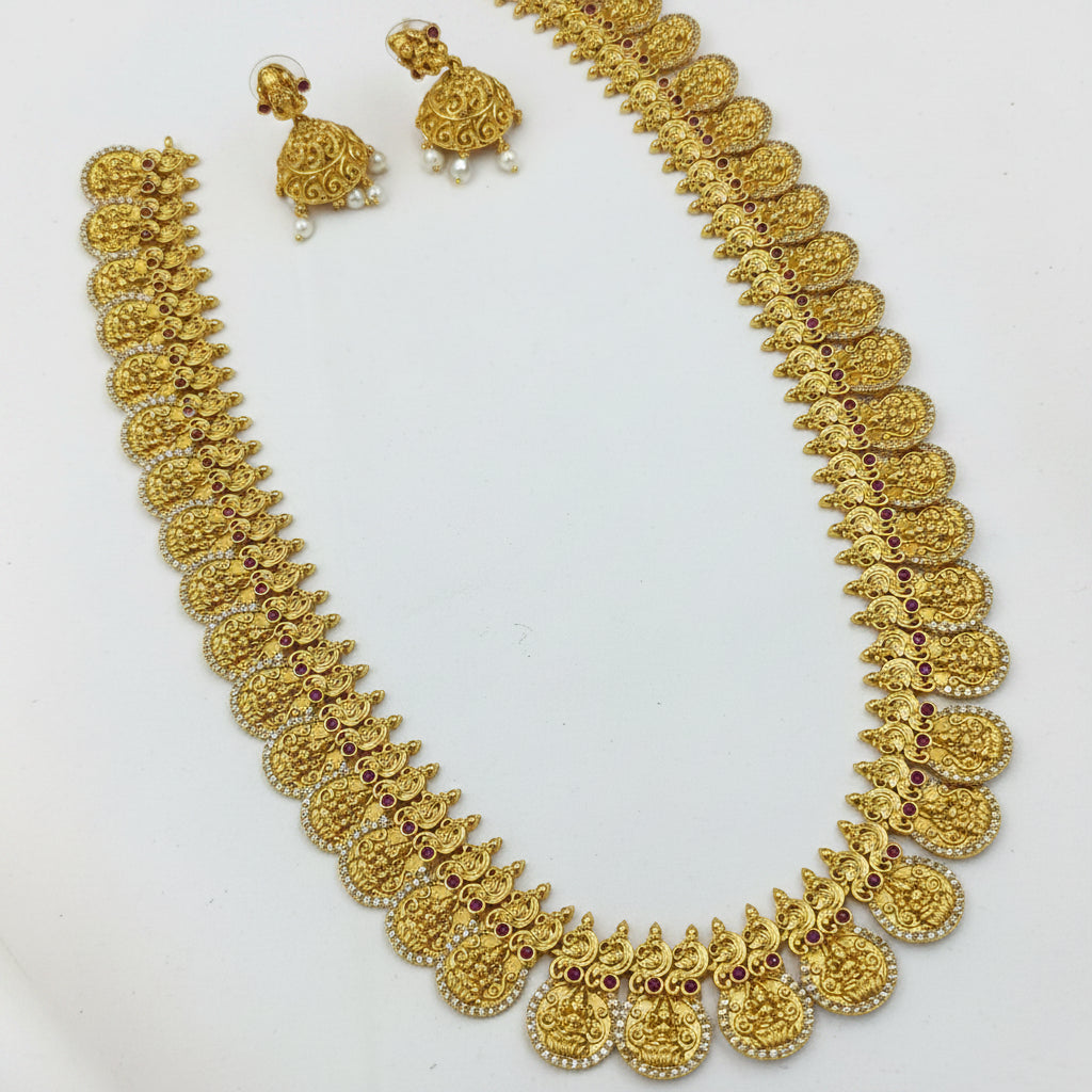 Traditional Gold-Plated Lakshmi Kasu Mala Necklace Set with Earrings