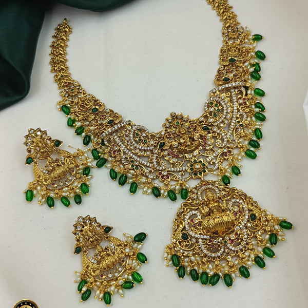 Traditional Brass Necklace Set with Earrings - Peacock &amp; Lakshmi Design