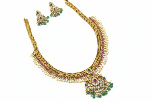 Antique Gold-Plated Temple Coin Necklace Set with Emerald & Ruby Stones