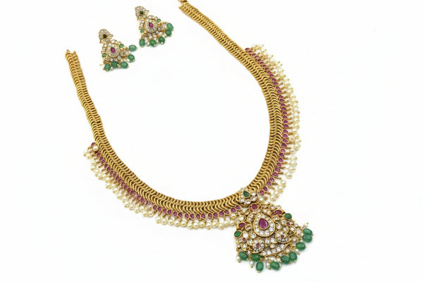 Antique Gold-Plated Temple Coin Necklace Set with Emerald & Ruby Stones