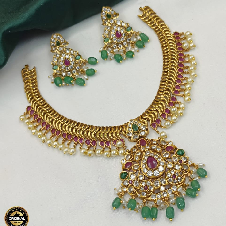V-Shaped Antique Gold Statement Necklace Set for Bridesmaids