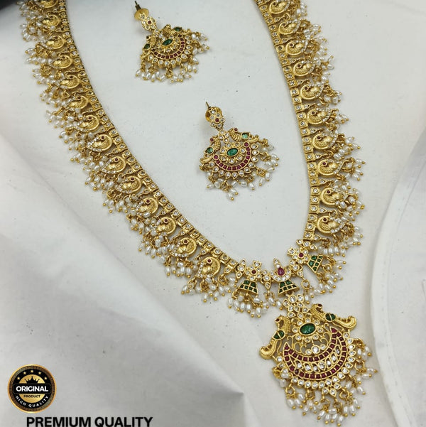 Royal Maharaja Style Long Pendant Necklace Set in Antique Gold