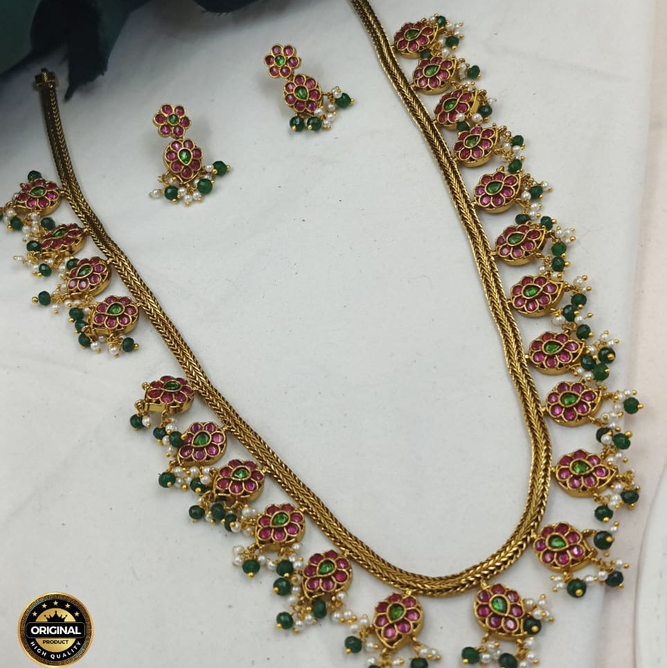 Densely Ornate Antique Finished Gold Collar Set with Hanging Beads