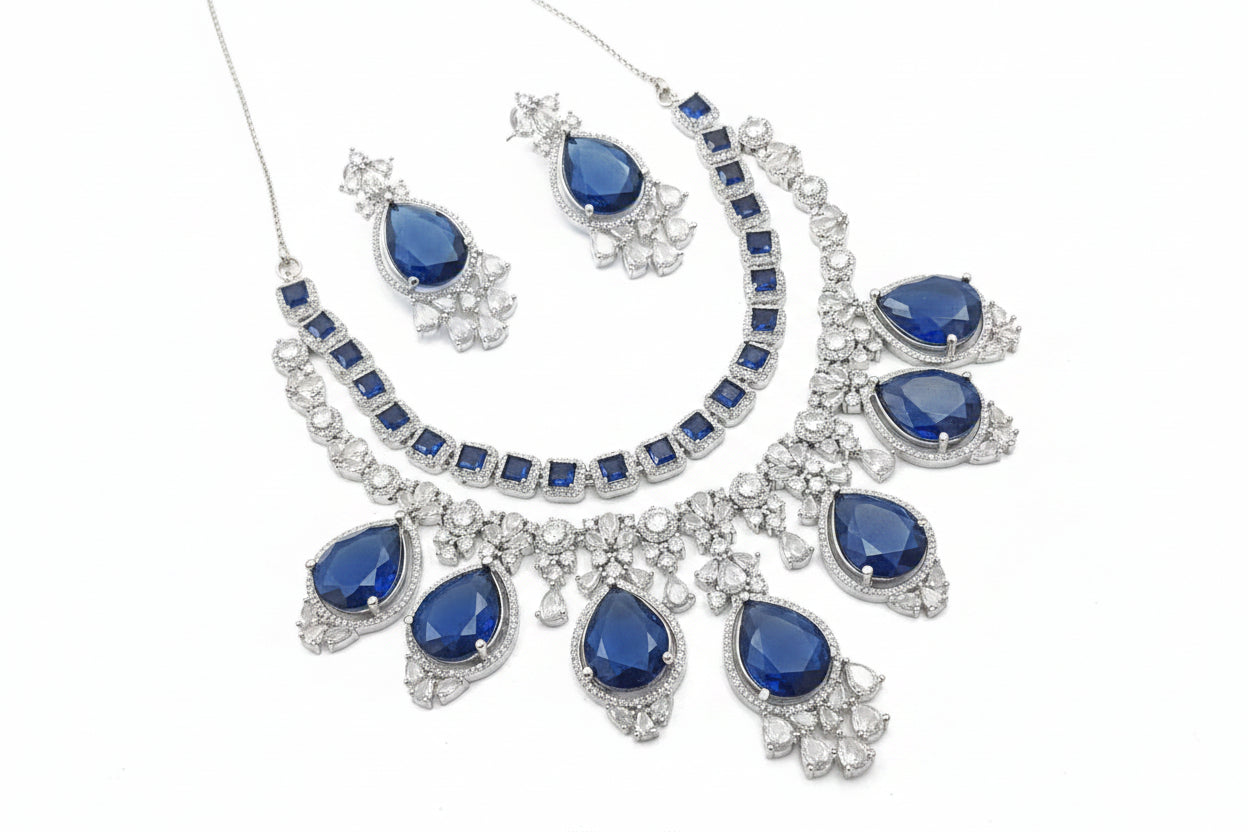 Rhodium-Plated Blue Teardrop Stone Statement Jewelry Set for Women