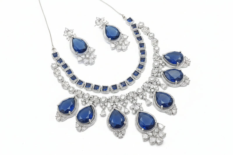 Rhodium-Plated Blue Teardrop Stone Statement Jewelry Set for Women