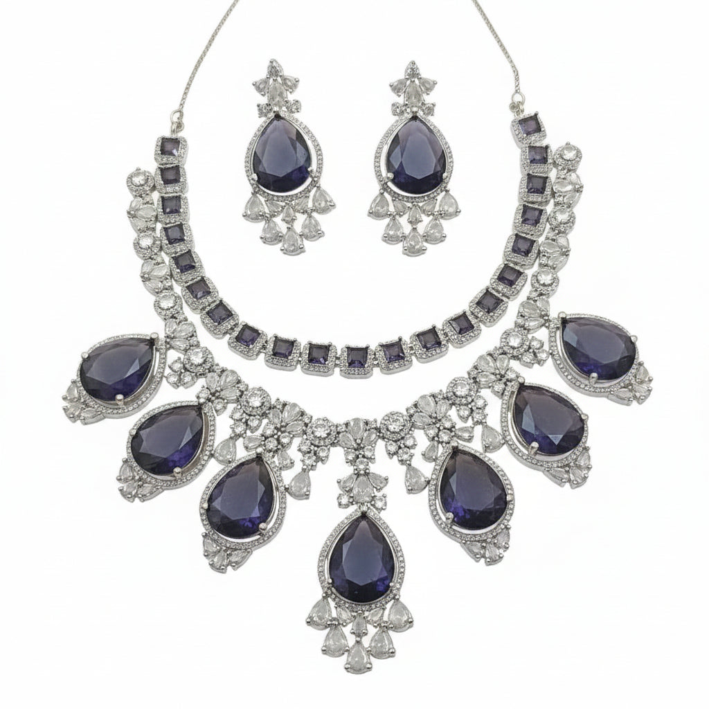 Luxury Cubic Zirconia Dark Blue Teardrop Bridal Necklace and Earring Set