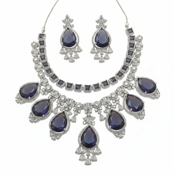 Luxury Cubic Zirconia Dark Blue Teardrop Bridal Necklace and Earring Set