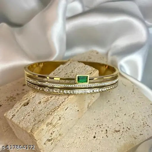 18K Gold-Plated Demi-Fine Green Stone & White Cubic Zirconia Studded Anti Tarnish Bracelet | High Grade Stainless Steel Gold Bracelet for daily use and Office wear | Gold