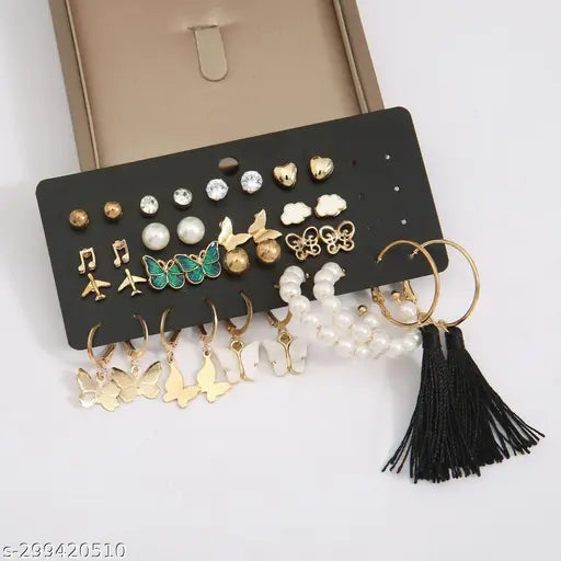 Combo of 17 PAIR  Earrings for Girls and Women Gold Plated Pearl and Stone Studded Alloy Earring Set - 21311