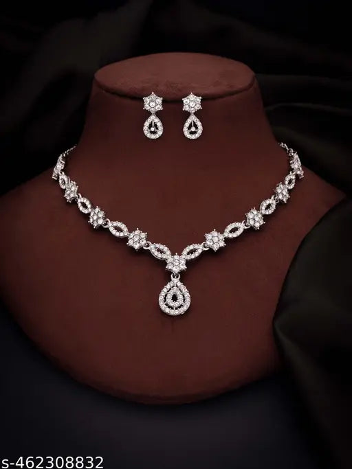 Silver Plated Necklace Set With American Diamond
