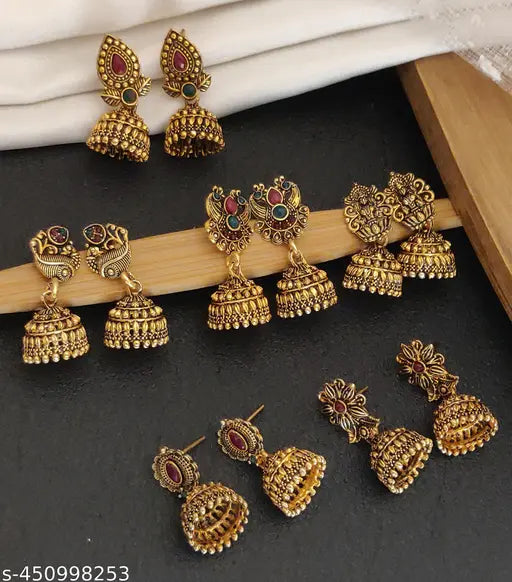 Gold Plated Fancy Jhumka Earrings for Women – Set of 6 Traditional Oxidised Gold Jhumka Earrings Combo for Women Daily Wear Ethnic Jhumka Earrings Set for Women (Pack of 6)