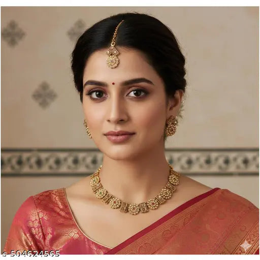 Premium Quality Brass Necklace Set With Earrings and Maantika For Women & Girls