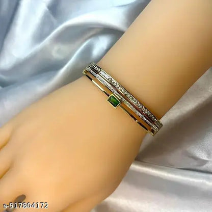 18K Gold-Plated Demi-Fine Green Stone & White Cubic Zirconia Studded Anti Tarnish Bracelet | High Grade Stainless Steel Gold Bracelet for daily use and Office wear | Gold