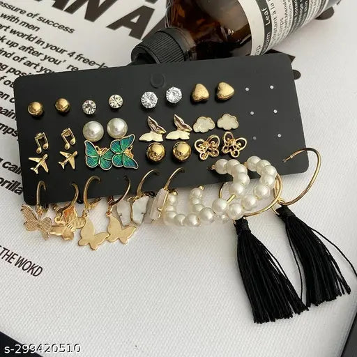 Combo of 17 PAIR  Earrings for Girls and Women Gold Plated Pearl and Stone Studded Alloy Earring Set - 21311
