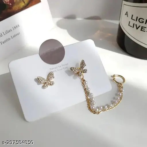 GORGEOUS PAIR OF BUTTERFLY STUDS WITH PEARL CHAIN