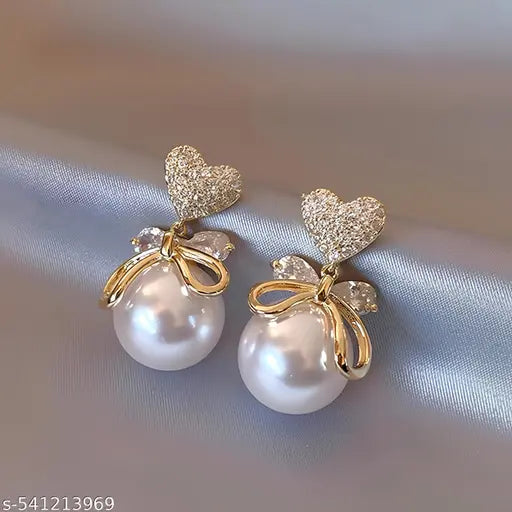 Karishma Kreations Fashion Gold Color Heart Pearl Zircon Drop Earrings