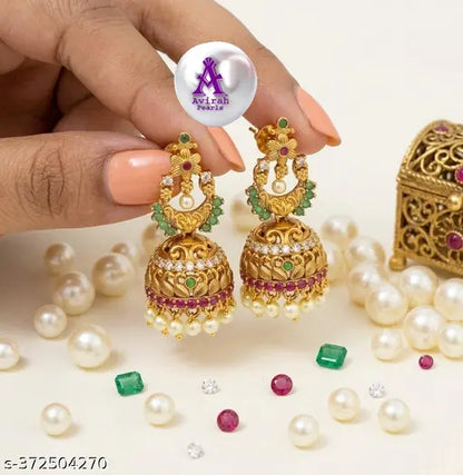 Maha Saving Offer Attractive Trendy Avirah Pearls Antique Gold-Plated Traditional Jhumka Earrings with Ruby & Emerald Stones and White Bead Drops – Temple Jewellery for Women & Brides