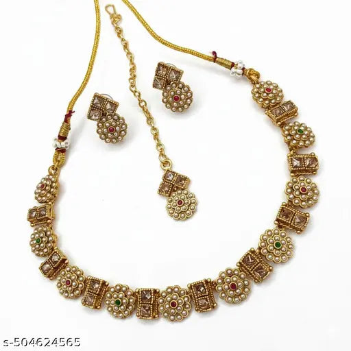 Premium Quality Brass Necklace Set With Earrings and Maantika For Women & Girls