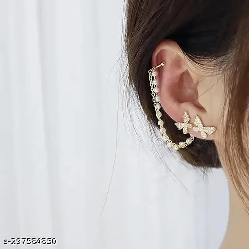 GORGEOUS PAIR OF BUTTERFLY STUDS WITH PEARL CHAIN