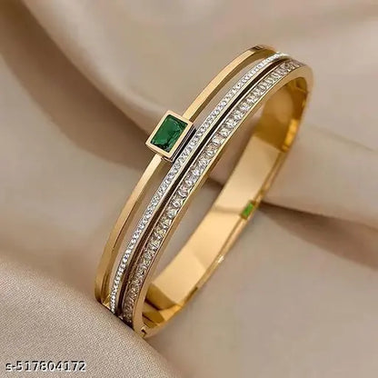 18K Gold-Plated Demi-Fine Green Stone & White Cubic Zirconia Studded Anti Tarnish Bracelet | High Grade Stainless Steel Gold Bracelet for daily use and Office wear | Gold