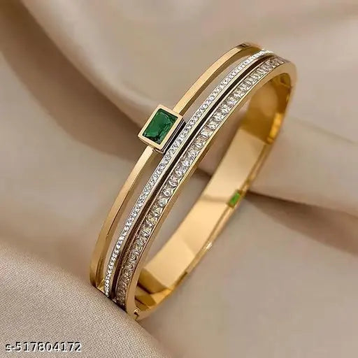 18K Gold-Plated Demi-Fine Green Stone & White Cubic Zirconia Studded Anti Tarnish Bracelet | High Grade Stainless Steel Gold Bracelet for daily use and Office wear | Gold