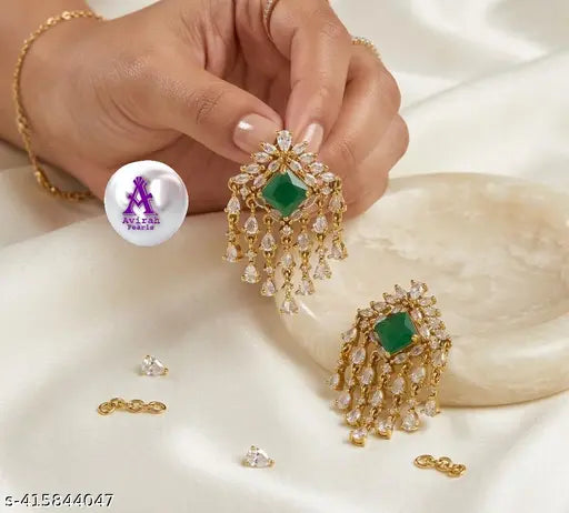 New Arrivals Premium Emerald Green American Diamond Gold Plated Chandelier Earrings for Women