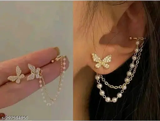 GORGEOUS PAIR OF BUTTERFLY STUDS WITH PEARL CHAIN